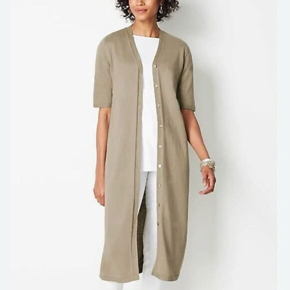 J. Jill Linen Blend Long Duster Elbow Sleeve Sage Green Cardigan Size 2X - Picture 1 of 8